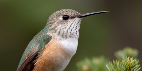 Obraz premium A close-up of a small bird with iridescent green feathers, white chest, and long beak, perched near greenery. The bird's eye is prominent, detailing its delicate features