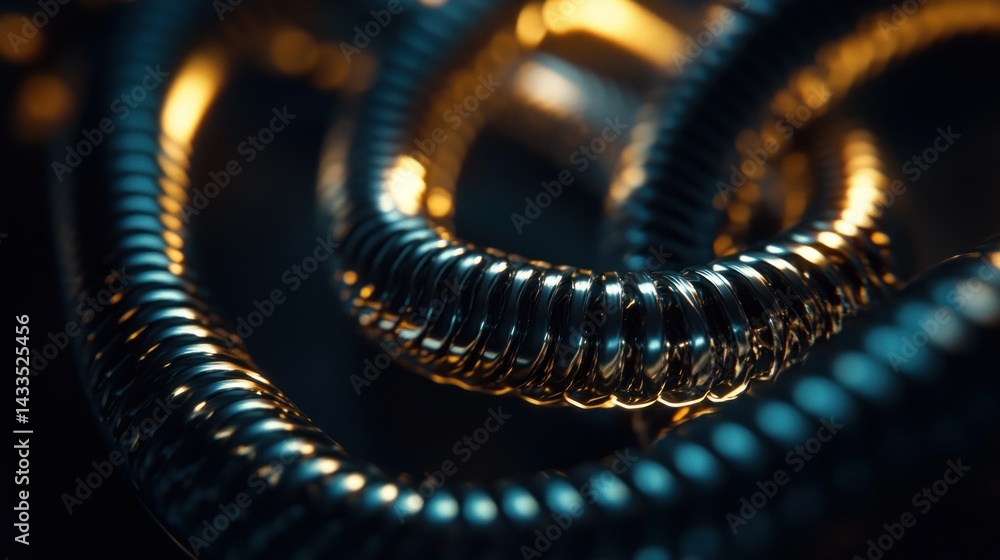 Poster metallic coils reflect light showing intricate details in abstract patterns