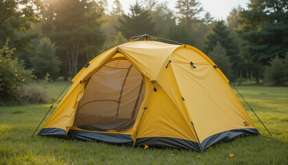 Camping Adventure: A yellow camping tent is perfectly pitched in a lush green environment surrounded by a dense forest. It's a perfect setting for those seeking outdoor adventures and relaxation.