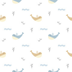 Whale light blue and yellow cartoon so cute. On coral wave fish white background. Pattern seamless vector illustration. 