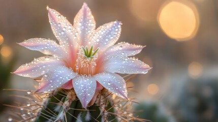 A beautiful cactus flower covered in tiny glistening water droplets