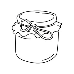 Vintage tableware for cherry jam with fabric lid. Outline jar for strawberry jam or marmalade or designe scrapbook. Vector background with glass jars in doodle style.