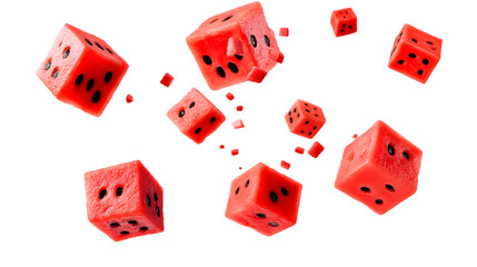 Floating Red Dice Cubes With Black Dots Illustration On Transparent Background