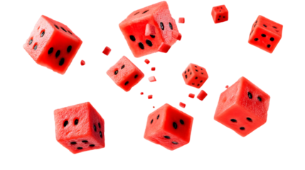 Floating Red Dice Cubes With Black Dots Illustration On Transparent Background