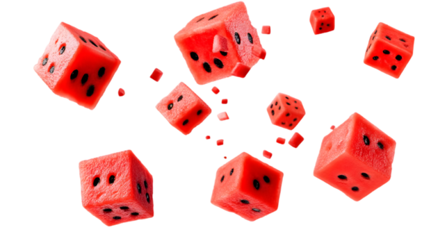 Floating Red Dice Cubes With Black Dots Illustration On Transparent Background - Powered by Adobe