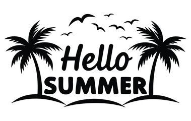 Obraz premium Hello Summer, Tropical Silhouette – Palm Trees and Birds Vacation Graphic Design