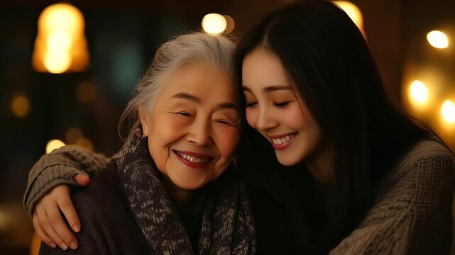 A granddaughter lovingly embraces her grandmother, both smiling joyfully in a warm indoor setting. The bond between them is unmistakable, their happiness and deep affection for eac