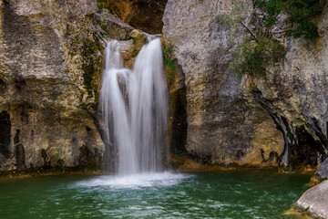 Gour de la Sompe waterfall after a few days of rain, Ardèche, France