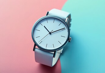 A minimalist round watch with a white dial, black hands, and a light pink strap, set against a pink and teal gradient background, showcasing a stylish and simple design.