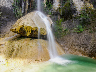 Rochecolombe waterfall after a few days of rain, Ardèche, France