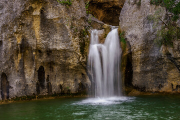 Gour de la Sompe waterfall after a few days of rain, Ardèche, France