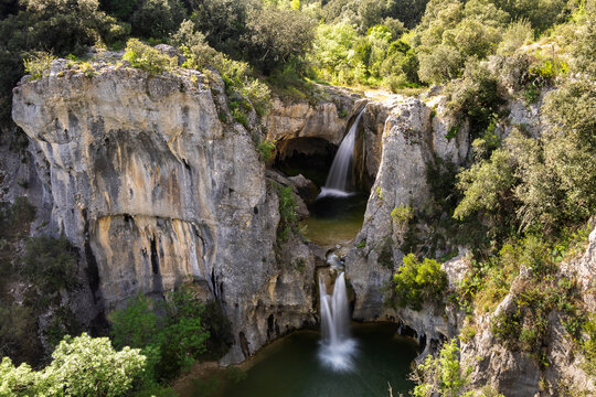 Gour de la Sompe waterfall after a few days of rain, Ardèche, France