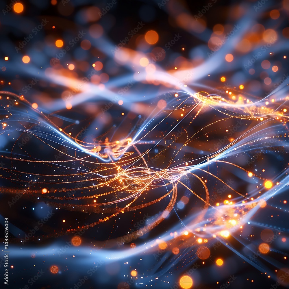 Poster abstract technology background with dynamic waves of intertwined blue and orange light trails and gl