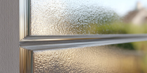 Fototapeta premium Frosted glass window with blurred view outside, featuring a textured surface and metallic frame 