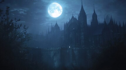 Dark Gothic Castle Under Full Moon