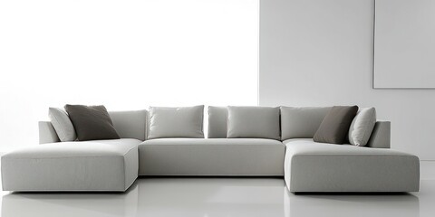 A modern comfortable light gray sofa with numerous pillows inside a room