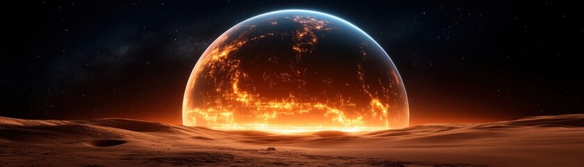 Apocalyptic Vision: A Burning Planet Rising Over a Desolate Desert Landscape