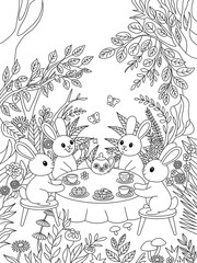 rabbits in a tea party  black and white coloring page 