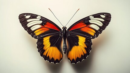 A colorful butterfly with orange, black, white, and yellow wings, wings spread open, set against a plain white background, giving a scientific insect specimen feel.