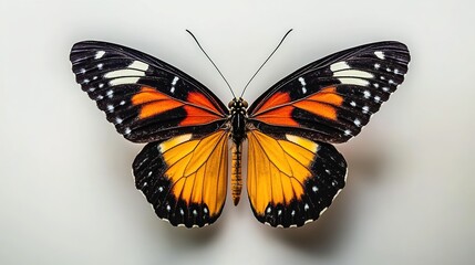 Fototapeta premium A colorful butterfly with orange, black, white, and yellow wings, wings spread open, set against a plain white background, giving a scientific insect specimen feel.