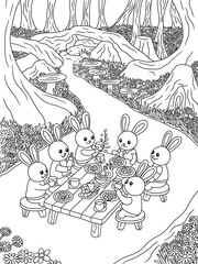 hand drawn vector illustration of a woodland animal tea party black and white coloring page 