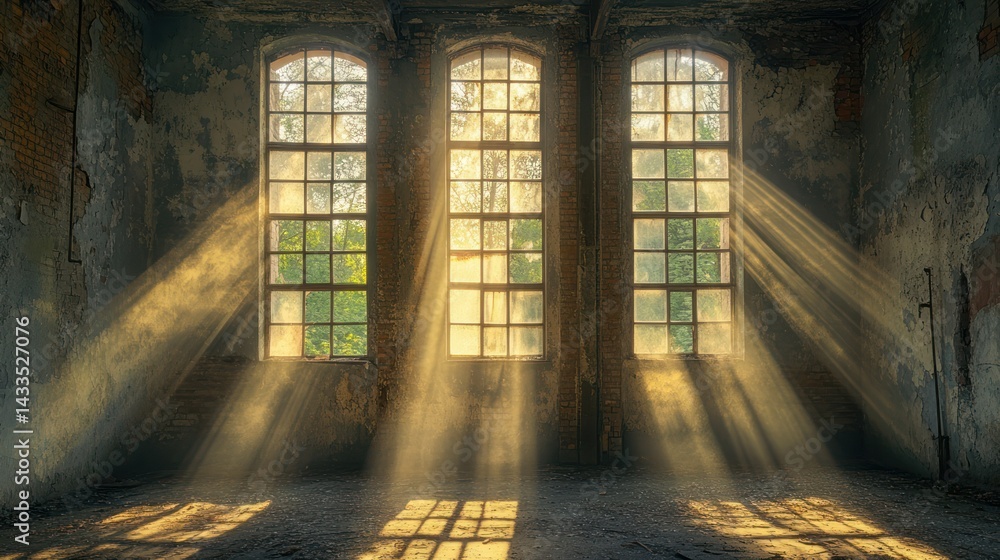 Poster sunlight streams into empty space, illuminating dust, evoking feelings nostalgia, decay, creating sc