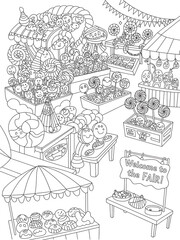 set of hand drawn illustrations black and white coloring page 