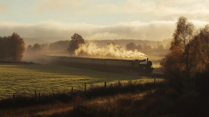 Fototapeta premium Steam train traverses fields, puffing smoke, evoking nostalgia, illustrating heritage transport history travel.