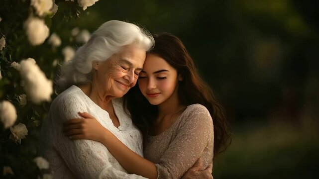 A heartwarming moment unfolds as a granddaughter wraps her arms around her grandmother, both sharing a moment of pure love. Their faces light up with smiles, embodying the deep aff