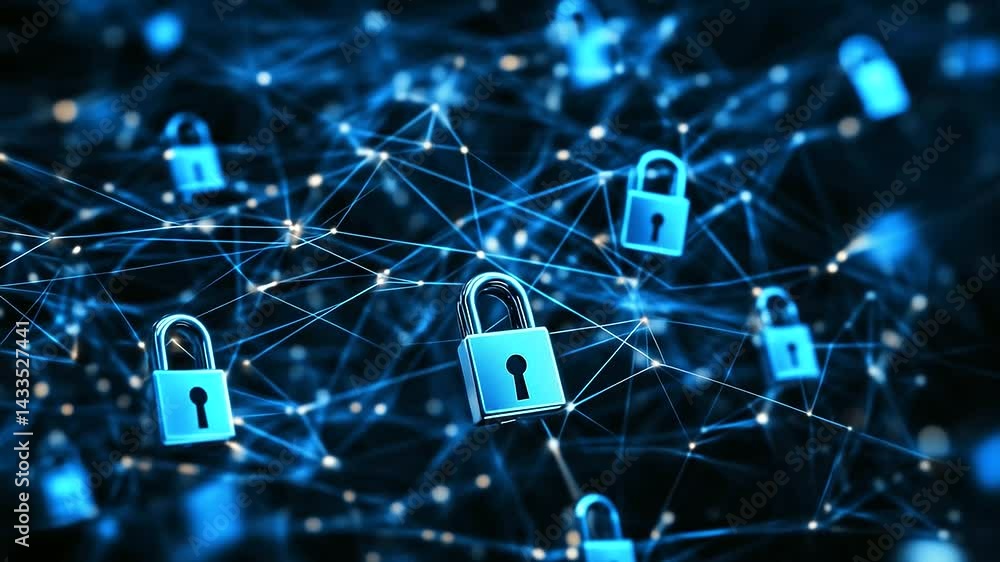 Poster a high-security futuristic network grid with neon blue padlocks securing digital pathways. the abstr
