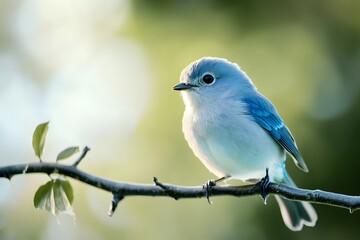 A delicate light-blue bird perched on a slender branch set against a soft blurred green backdrop.