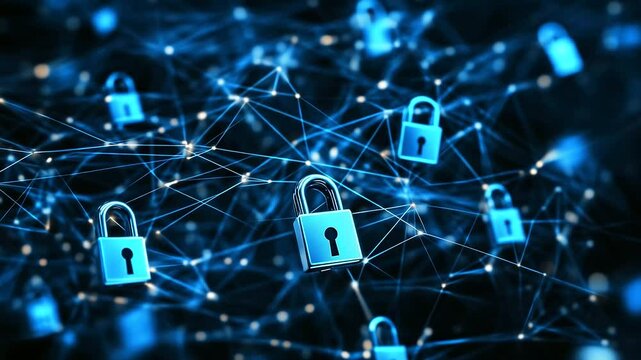 A high-security futuristic network grid with neon blue padlocks securing digital pathways. The abstract cyber-tech background reinforces the concept of secure data transmission.