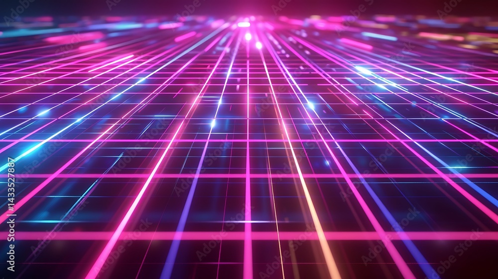 Poster perspective view down a glowing neon grid floor with light particles, extending towards a dark horiz