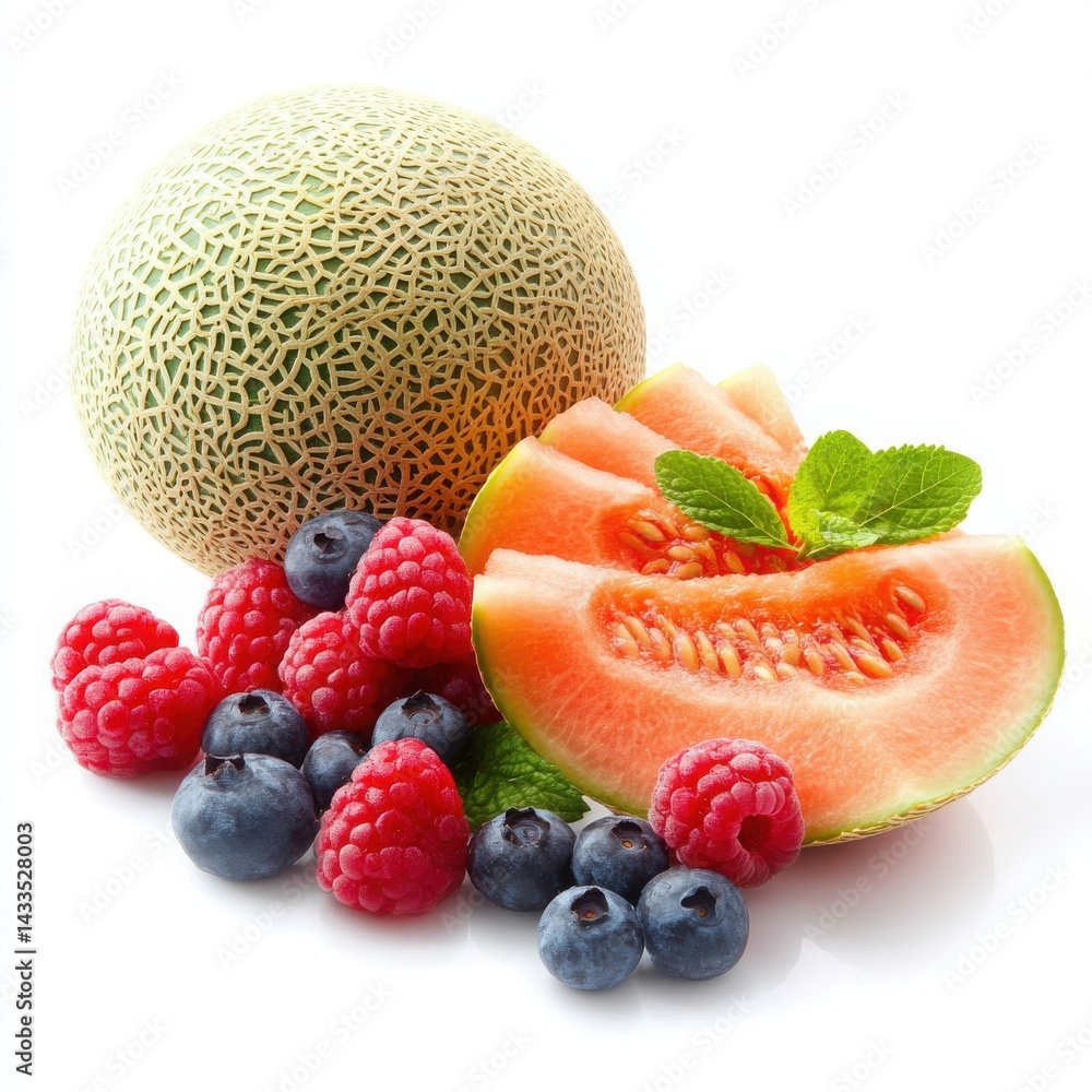 Poster white background showcasing a refreshing melon and berry combination.