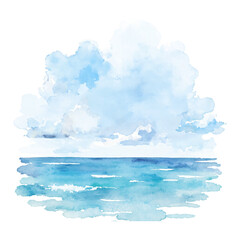 Beautiful Seascape with Clouds and Blue Sea Isolated Hand Drawn Watercolor Painting Illustration