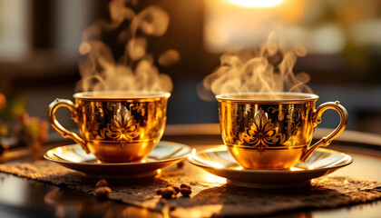 Golden Hour Tea Ritual: Two Elegant Cups of Steam