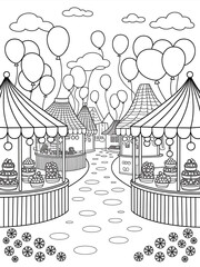 carousel in the park black and white coloring page 