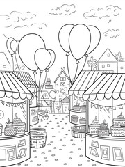 hand drawn vector illustration of a carnival black and white coloring page 