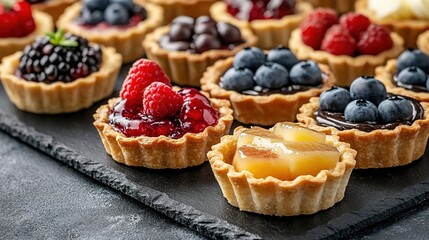 A tray of mini desserts including chocolate, lemon, and berry flavors, topped with fresh berries, with a blurred array of desserts in the background, showcasing a delicate dessert scene.