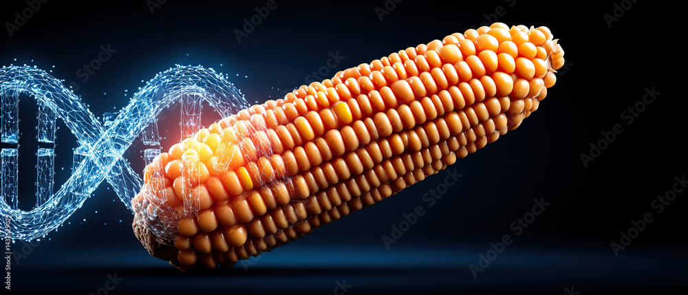 Poster cross section of corn with glowing polygon core, showcasing vibrant kernels and dynamic dna strand, 
