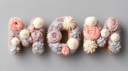 Delicious cupcake letters spelling MOM, adorned with soft icing and colorful decorations, perfect for celebrating motherhood
