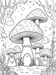mushrooms in the forest black and white coloring page 
