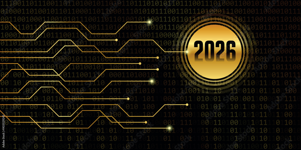 Poster 2026 golden number on binary code background vector illustration