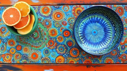 Colorful serving tray with vibrant bowls and citrus fruit