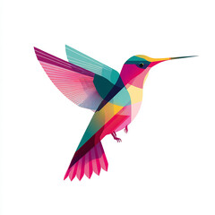 Obraz premium Colorful, geometric hummingbird artwork. The illustration has polygonal facets in teal, pink, and yellow