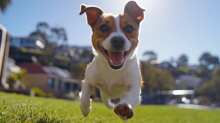 Playful Jack Russell terrier running through sunny meadow with golden sunlight, vibrant green grass and soft blurred background.