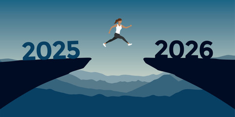 woman jumping over a cliff from 2025 to 2026 vector ilustration