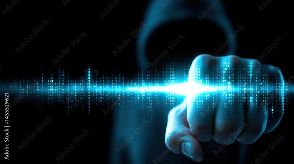 Aufkleber mysterious figure in dark hoodie points glowing fist, symbolizing digital hacking and code manipulat