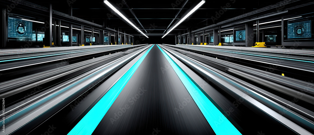 Poster highspeed automated assembly line with sleek metallic surfaces and digital displays, showcasing adva