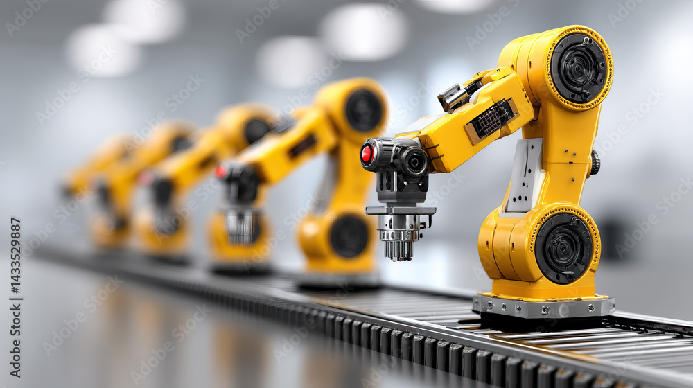Poster automated robotic arms in factory setting, showcasing advanced manufacturing technology and precisio